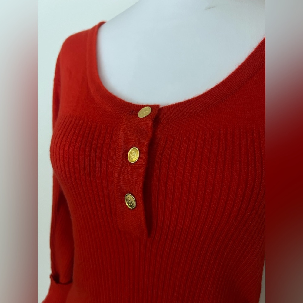 100% Cashmere CHANEL Red Ribbed Fitted Sweater w Rare Gold Flap Bag Buttons